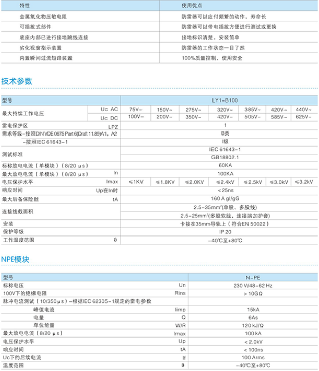 LY1-B100電涌保護器技術參數(shù)